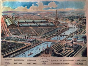 Vista geral da Exposição Universal de Paris. Gravura de 1900. Carnaval de Musavalet. de French School