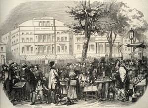 Vista geral do boulevard du Temple em Paris - vendedores ambulantes - Paris - Vue générale du boulevard du Temple - Mercadores ambulantes - Gravação em "Tableau-de-Paris" de Edmond Texier 1852 de French School