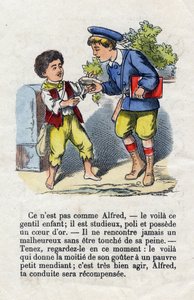 Generosite. Criança a dar metade do seu gosto a um mendigo. Alfabeto de meninos pequenos. O abecedário tem valor moral contendo exercícios de leitura. Imagens epinais do final do século XIX. de French School