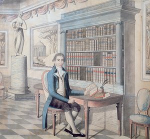 Cavalheiro lendo em sua biblioteca de French School