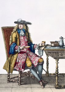Gentlemans Elaborate Outfit, 1760 88: Um gentlemans elaborado colete bordado, casaco e chapéu; 99: masculino; traje tradicional; vestido tradicional; moda; c18th; sentado; mesa; aba de French School