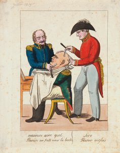 Cavalheiros, o que usam para rapar a minha barba? Barbeador inglês, senhor. de French School