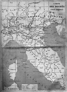 Mapa geográfico dos duques da Itália Central em 1860. Gravura em "Le Monde Illustré" n°143 de 7 de Janeiro de 1860. de French School