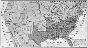 Mapa geográfico dos Estados Unidos da América em março de 1861. Os estados escravos estão representados na corrida. Escrito em branco, os nomes dos sete estados confederados que se separaram da União: Texas, Carolina do Sul, Mississippi, Flórida, Alabama,  de French School