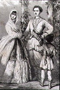 Roupas Georgianas na década de 1860 (gravura) de French School