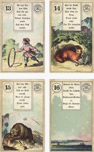 Edição alemã do baralho de cartomancia francês Lenormand: A criança, a raposa, o urso, a estrela, publicado pela Dondorf, Frankfurt, século XIX de French School