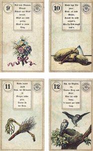 Edição alemã do baralho de cartomancia francês Lenormand: As Flores, A Foice, O Vidoeiro, O Chicote, Os Pássaros, publicado por Dondorf, Frankfurt, Século 19 de French School