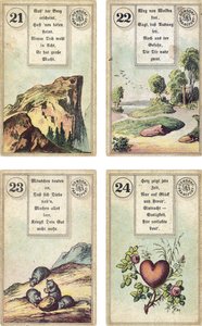 Edição alemã do baralho de cartomancia francês Lenormand: The Mountain, The Road, The Mice, The Heart, publicado por Dondorf, Frankfurt, 19th Century de French School
