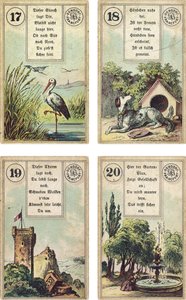 Edição alemã do baralho de cartomantes francês Lenormand: A cegonha, o cachorro, a torre, o jardim, publicado pela Dondorf, Frankfurt, século XIX de French School