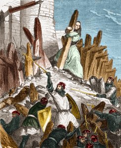 Geurre contra Hugues du Puiset por Louis le Gros: Ataque do Chateau du Puiset (localizado no departamento de Eure-et-Loir) pelas forças do Rei da França LOUIS VI le Gros em 1118. Gravura no "Histoire De France En Cent Paintings" de Paul Lehugeur de French School