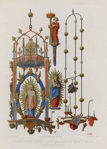 Candelabro de cobre dourado e pintado e castiçal de French School