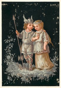 Menino e menina em traje nórdico ou germânico (chromolitho) de French School