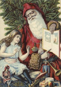 Garota sendo mostrada livro ilustrado pelo pai Natal de French School