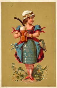 Garota segurando um grande copo de cerveja (chromolitho) de French School
