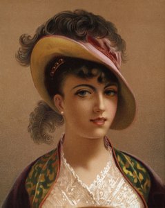 Rapariga com chapéu cor-de-rosa (cromolitho) de French School