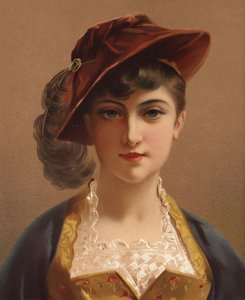 Rapariga com gorro de veludo vermelho (cromolitho) de French School