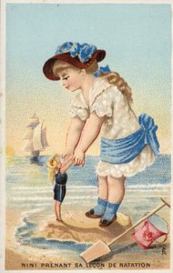 Menina ensinando uma boneca a nadar de French School