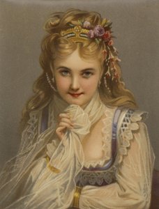 Rapariga com cabelo louro, jóias, flores e sorriso recatado (cromolitho) de French School