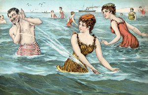 Meninas espirrando um homem no mar de French School