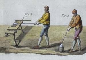 Glassblowing, detalhe, ilustração da enciclopédia das ciências e dos Metiers por Denis Diderot (1713-84) gravado por Robert Benard (fl.1734) publicou c.1770 (gravura da cor) (veja igualmente 326118) de French School