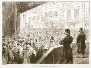 Indo para a distribuição de alimentos, ilustração da história de Cassells da guerra entre a França e a Alemanha, 1870-1871 de French School