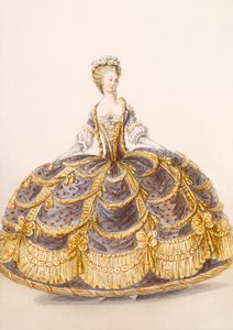 Vestido adequado para apresentação em tribunal, placa da Galeries des Modes et Costumes Français, c.1778-87 99: vestuário; vestido tradicional; traje tradicional; moda; ilustração; de French School