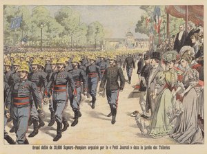 Grande desfile de 20 000 bombeiros no Jardin des Tuileries em Paris (litografia a cores) de French School