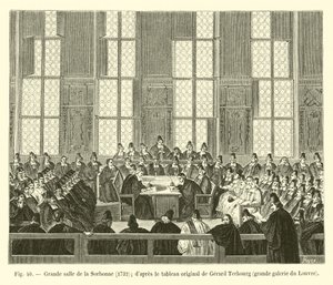 Grande salão da Sorbonne, 1732; dapres a pintura original de Gerard Terbourg, grande galeria do Louvre de French School