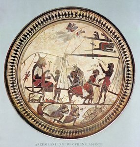 Taça grega representando Arcesilas II, rei de Cirene (c.560-550 aC) assistindo a pesagem e carregamento de silphium, cópia de um original do século 6 aC de French School