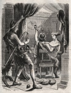 Mitologia grega: "Este grito foi feito por Paris". Paris surpreende Helene com Peritanus. Gravura de 1871 em "Histoire Des Cocuses Celebres" de Henry de Kock (1819-1892). de French School