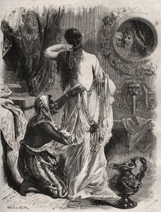 Mitologia grega: o rei de Lydie Candaule (ou Caudale) mostra a sua mulher nua ao seu confidente Gyges, esconde-se nas sombras quando ela se abre no quarto. Gravura de 1871 em "Histoire Des Cocus Celebres" de Henry de Kock (1819-1892). de French School
