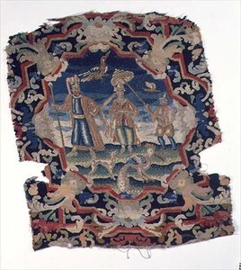 Gros point and petit point seat cover of three Eastern European figures and birds, mid-18th century (detalhe) de French School