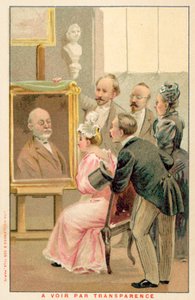 Grupo de pessoas que estudam uma pintura (chromolitho) de French School