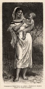 Mulher Guaranie fumando o charuto para seu filho, montada no quadril, para tentar apaziguar seus gritos, gravando depois do desenho de D.Maillart, ilustrando a viagem ao Paraguai em 1872-1873, de L.Forgues, publicado em "Le tour du monde" 1874, editado por de French School
