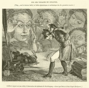 Gulliver exibido em uma mesa para a admiração dos habitantes de Brobdingnag (gravura) de French School