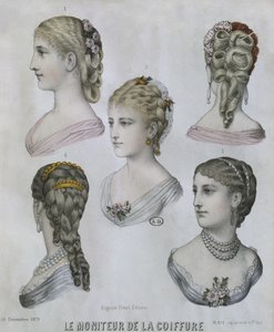 Penteados, ilustração de The Hairstylist, 10 de dezembro de 1879 (gravura a cores) de French School