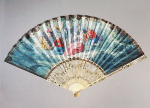 Ventilador de mão representando Dança e brincadeira, couro de cisne com pau de guarda em marfim com mãe de pérola de French School