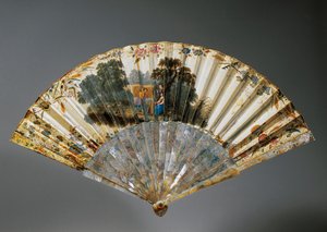 Ventilador de mão com alegorias de quatro estações, folha de pele de cabra e costelas de madrepérola de French School