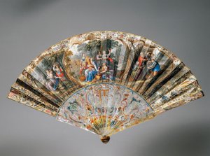 Ventilador de mão com alegorias de quatro estações, folha de pele de cabra e costelas de madrepérola de French School