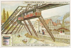 Trem pendurado no rio Wupper, cartão de publicidade promocional para Veritable Extrait de Viande Liebig de French School