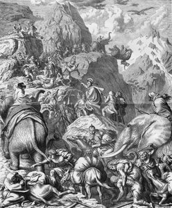 Hannibal cruzando os Alpes com elefantes para chegar na Itália (II Guerra Púnica). Gravura do século XIX. de French School