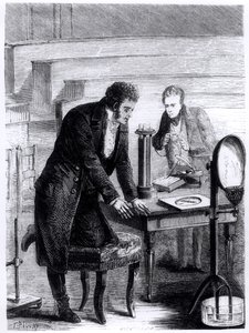 Hans Christian Oersted (1777-1851) descobrindo o desvio da agulha magnética por corrente fechada em 1820, de Les Merveilles de la Science por Louis Figuier (1819-94), 1867 de French School