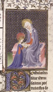 Harley 2897, f.340v: St. Anne a ensinar a Virgem, escrita e iluminada em Paris (vellum) de French School
