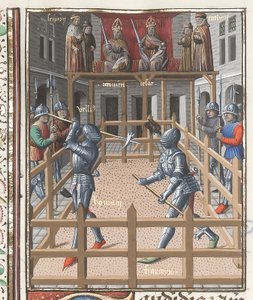 Harley 4375 f.171v, Dois cavaleiros lutando com pollaxes, de 