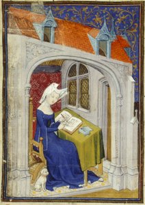 Harley MS 4431 f.004r Detalhe de uma miniatura de Christine de Pizan em seu escritório no início das ‘Cent balades’, c.1410-14 (tinta e cor em pergaminho) de French School