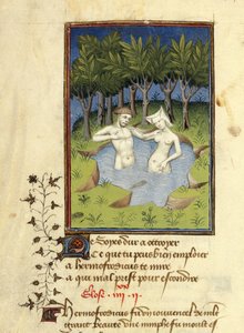 Harley MS 4431, f.132v, Miniatura de Hermafrodito e a ninfa Salmacis tomando banho em um lago, de 