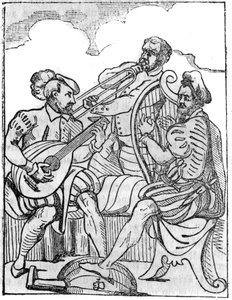 Tocadores de harpa e alaúde (Cythara e Testudo) no século XVI. Em "A pitoresca loja" 1836 de French School