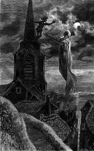 Ele apareceu na torre do sino da igreja. Gravura ilustrando o romance "Fogo e Chama" de Zenaide Fleuriot. Em "Le Journal de la jeunesse". de French School