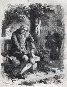 Ele ouviu o sussurro de um beijo." O filósofo suíço Jean Jacques (Jean-Jacques) Rousseau (1712-1778) surpreende a sua companheira Marie-Therese (Marie Therese) Le Vasseur (Levasseur) (1721-1801) em pleno adultério. Gravura de 1871 em "Histoire Des Cocuses de French School