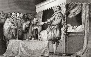 Henri III (1551-89) nomeia Bearnais (1553-1610) como seu sucessor, de &39;Histoire de France&39; por Colart, publicado em 1840. de French School